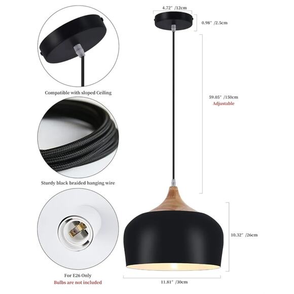 Modern Wood Dome Pendant Light – 12" Black Metal + Solid Wood, Adjustable Length - Picture 3 of 6